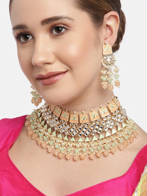 Peach-Coloured & Handcrafted Enamelled Kundan Jewellery Set