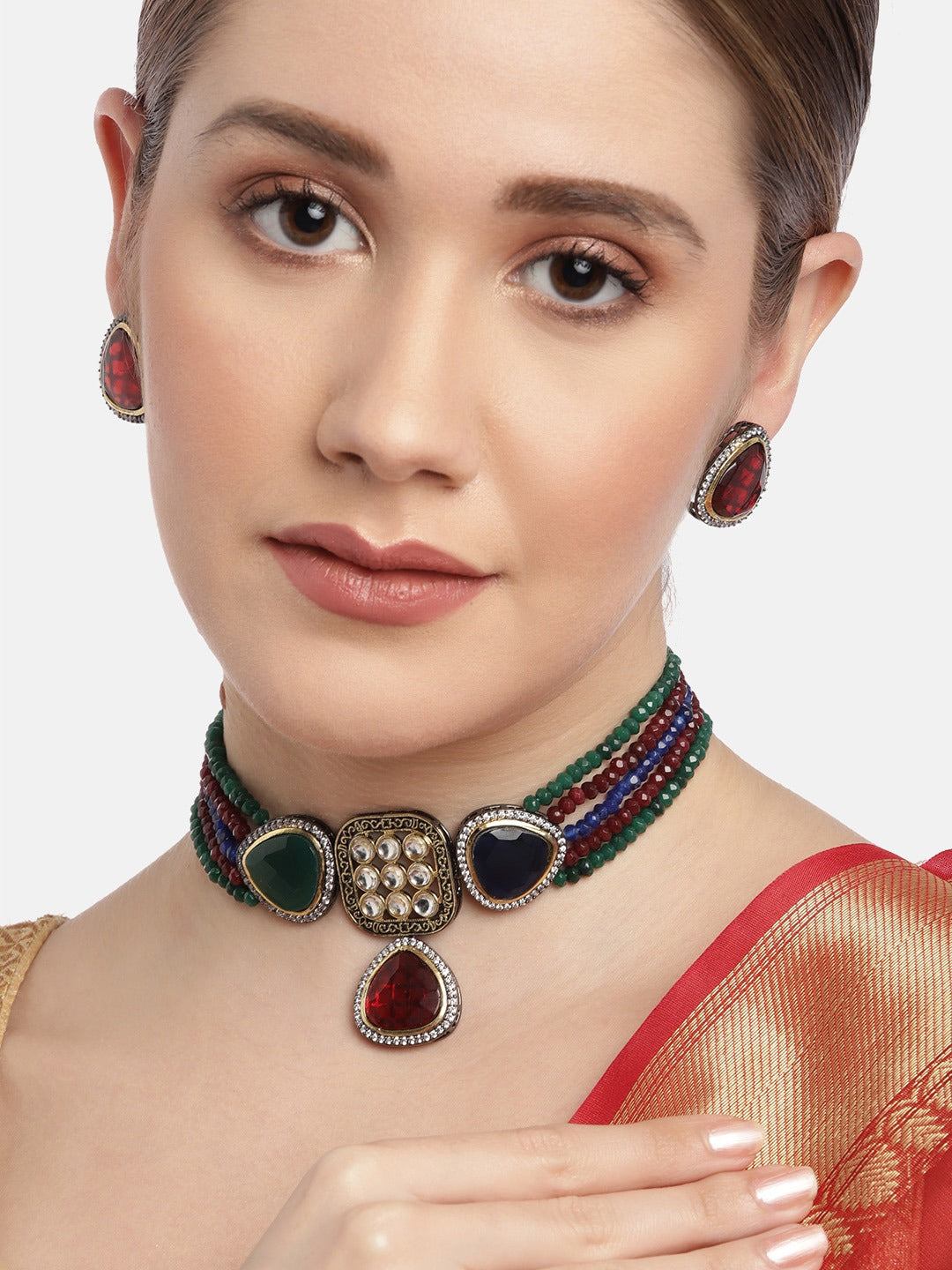 Red & Multicoloured Cubic Zirconia  Choker Set