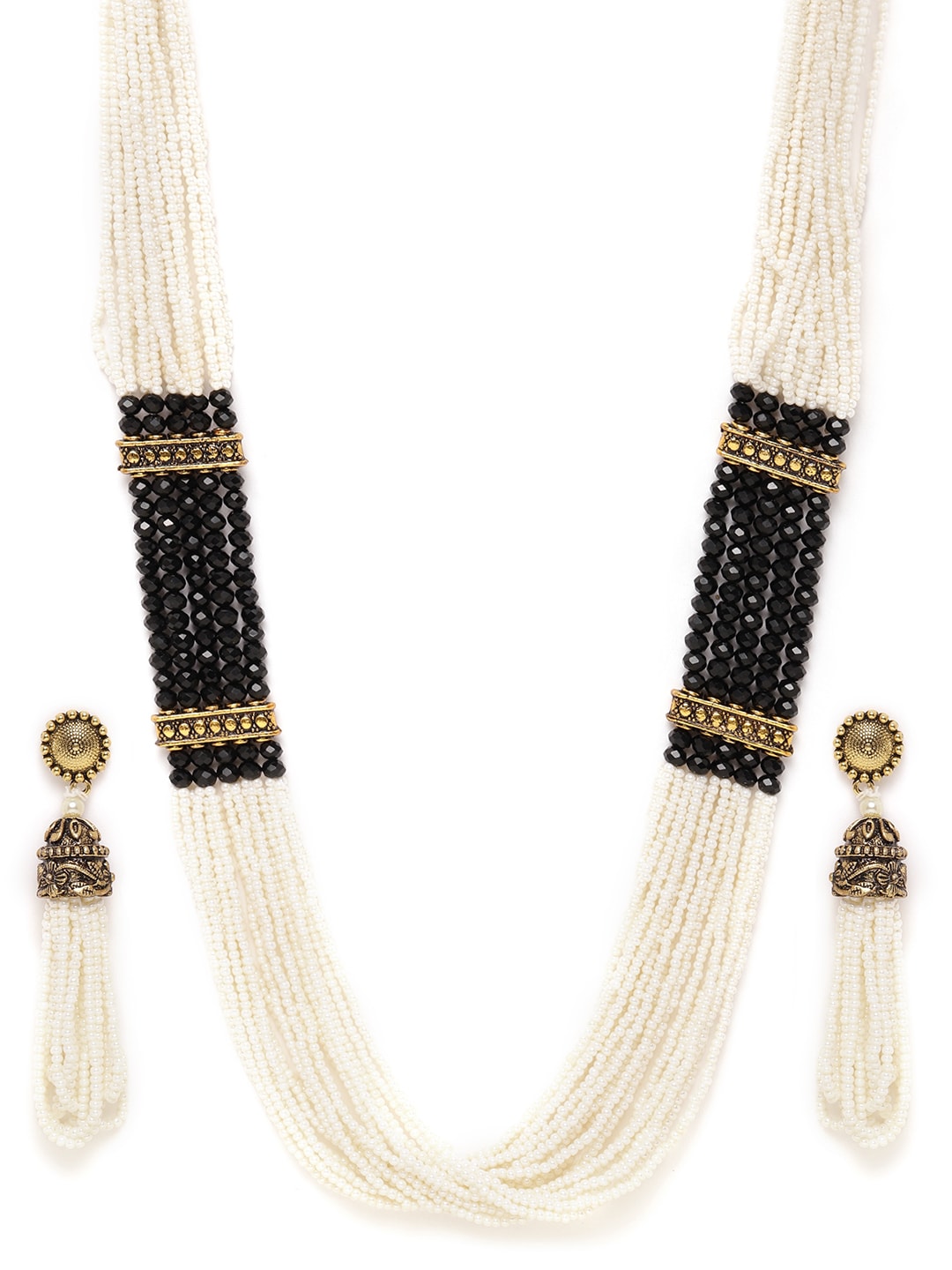 Black & Off-White Antique Gold-Plated Beaded Handcrafted Jewellery Set