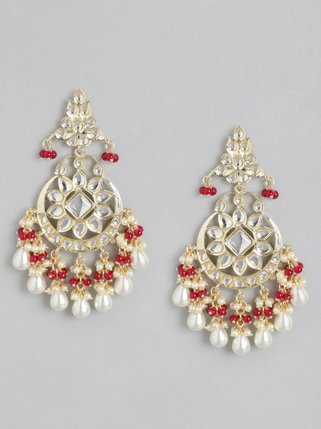 Red Kundan Crescent Shaped Chandbalis Earrings