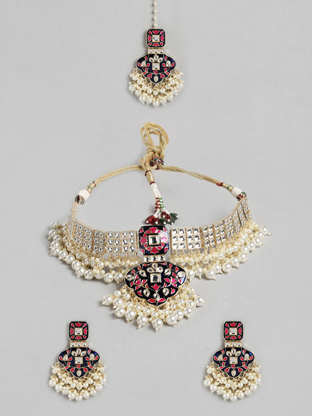 White & Navy Blue  Enamelled Kundan Jewellery Set