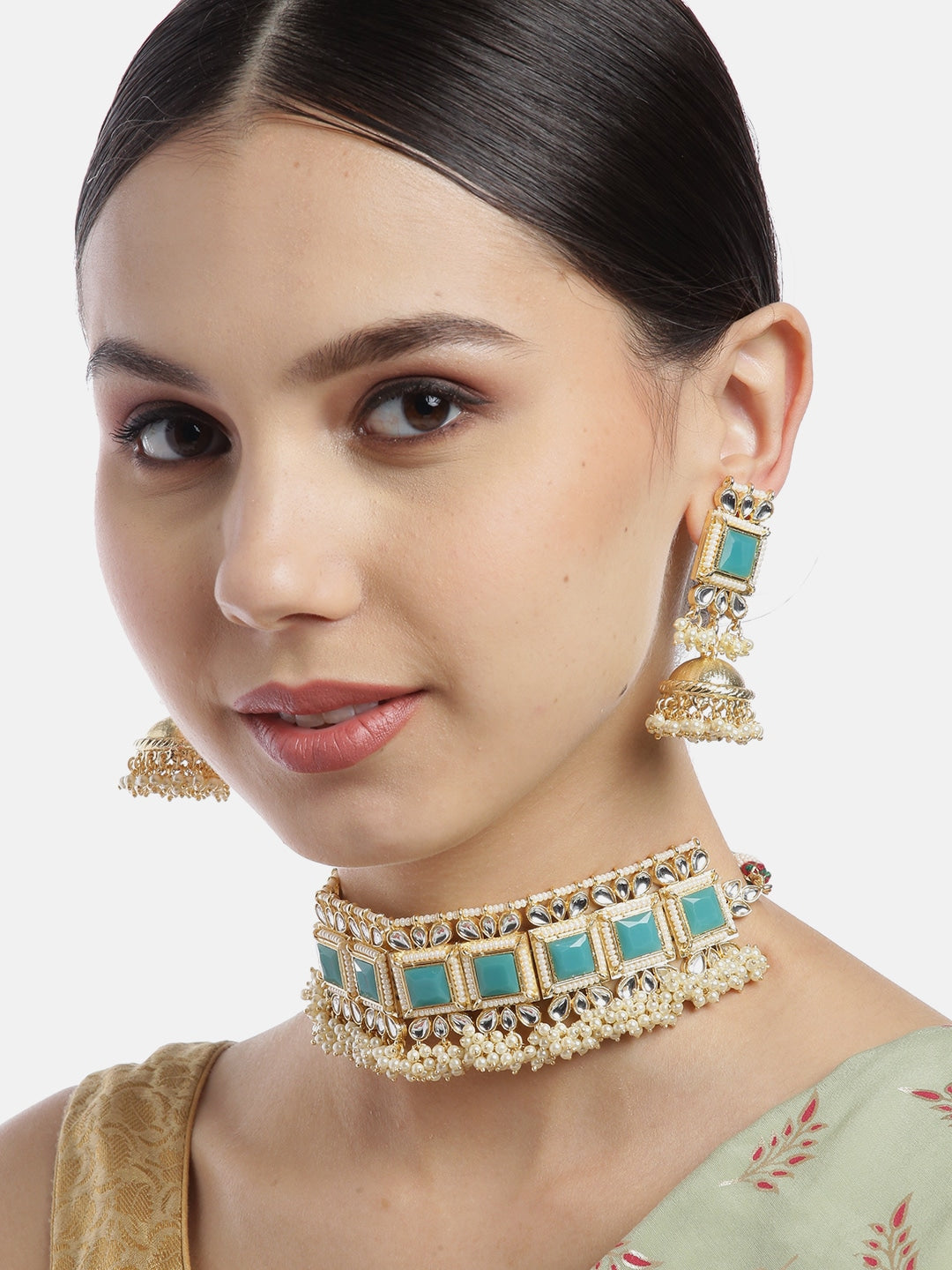 Turquoise Blue Gold-Plated Kundan-Studded Beaded Jewellery Set