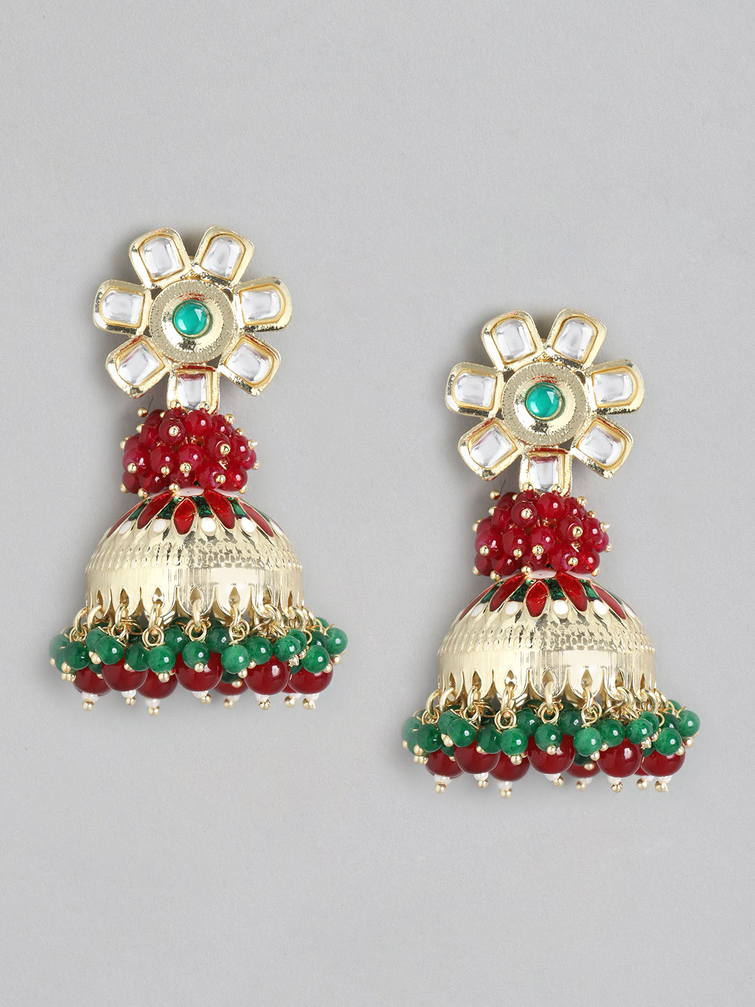 Red & Green Kundan Dome Shaped Jhumkas