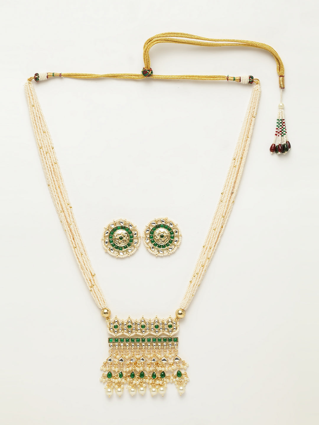 Gold-Plated White & Green Kundan-Studded Multi-Stranded Handcrafted Jewellery Set