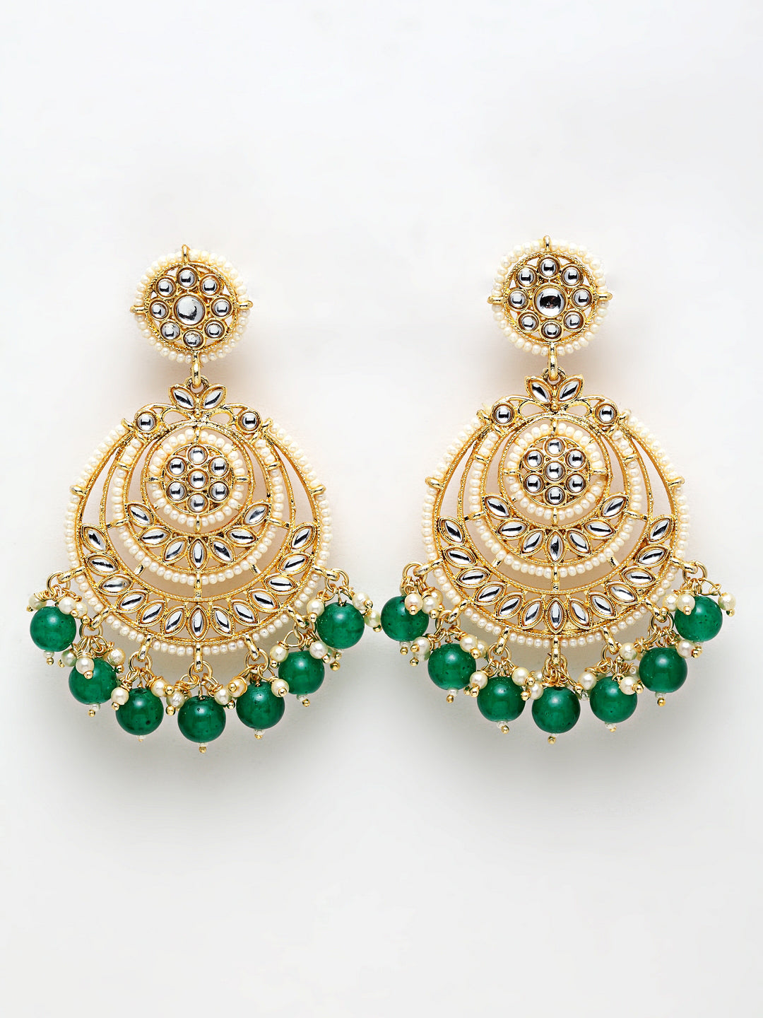 Circular Kundan Green Pearl ChandBali Earring