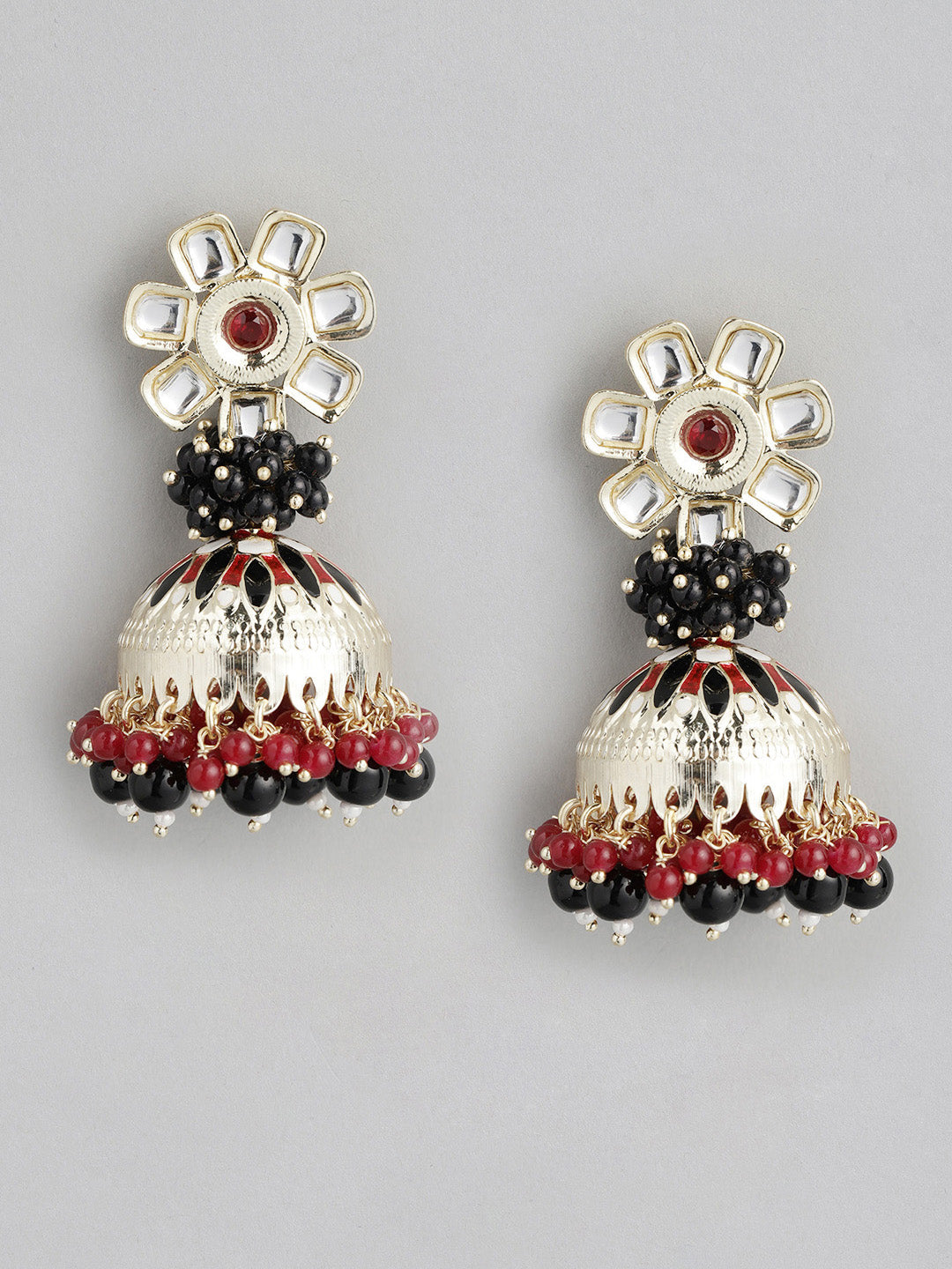 Black & Red Kundan Dome Shaped Jhumkas