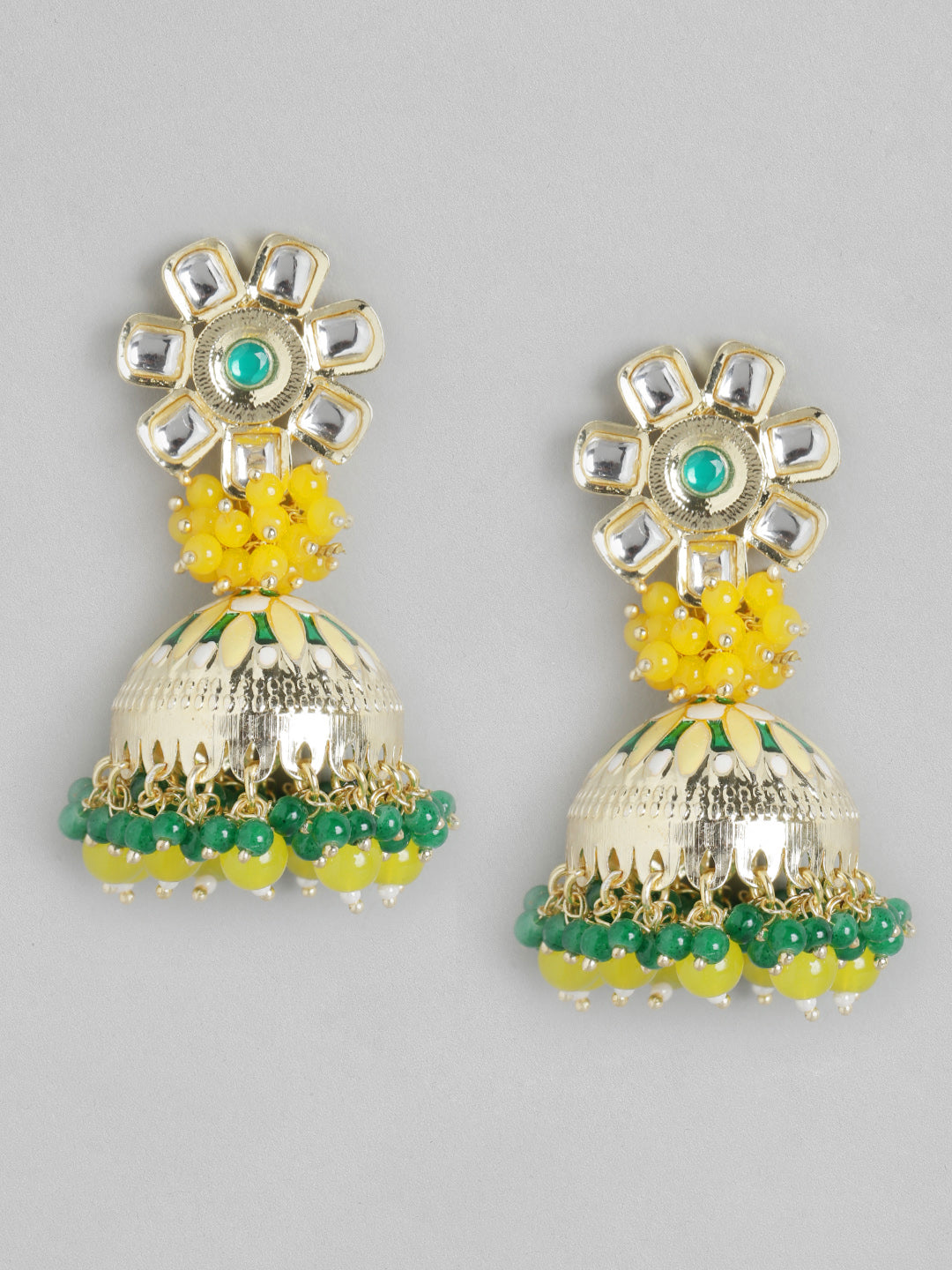 Yellow & Green Kundan Dome Shaped Jhumkas