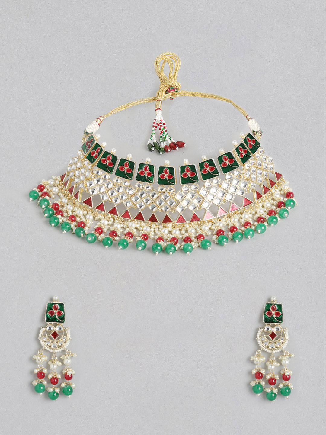 Red & Green Brass Kundan Studded Jewellery Set