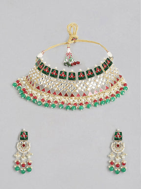 Red & Green Brass Kundan Studded Jewellery Set