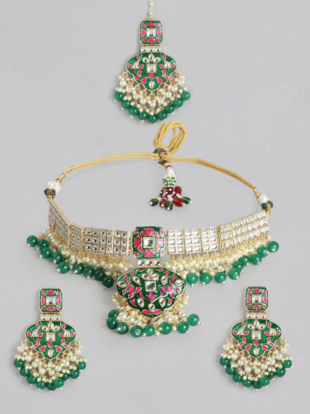 Green & Pink Brass Kundan Studded Jewellery Set