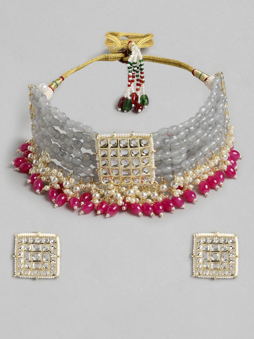 Grey Gold-Plated Handcrafted Brass Choker Jewellery Set