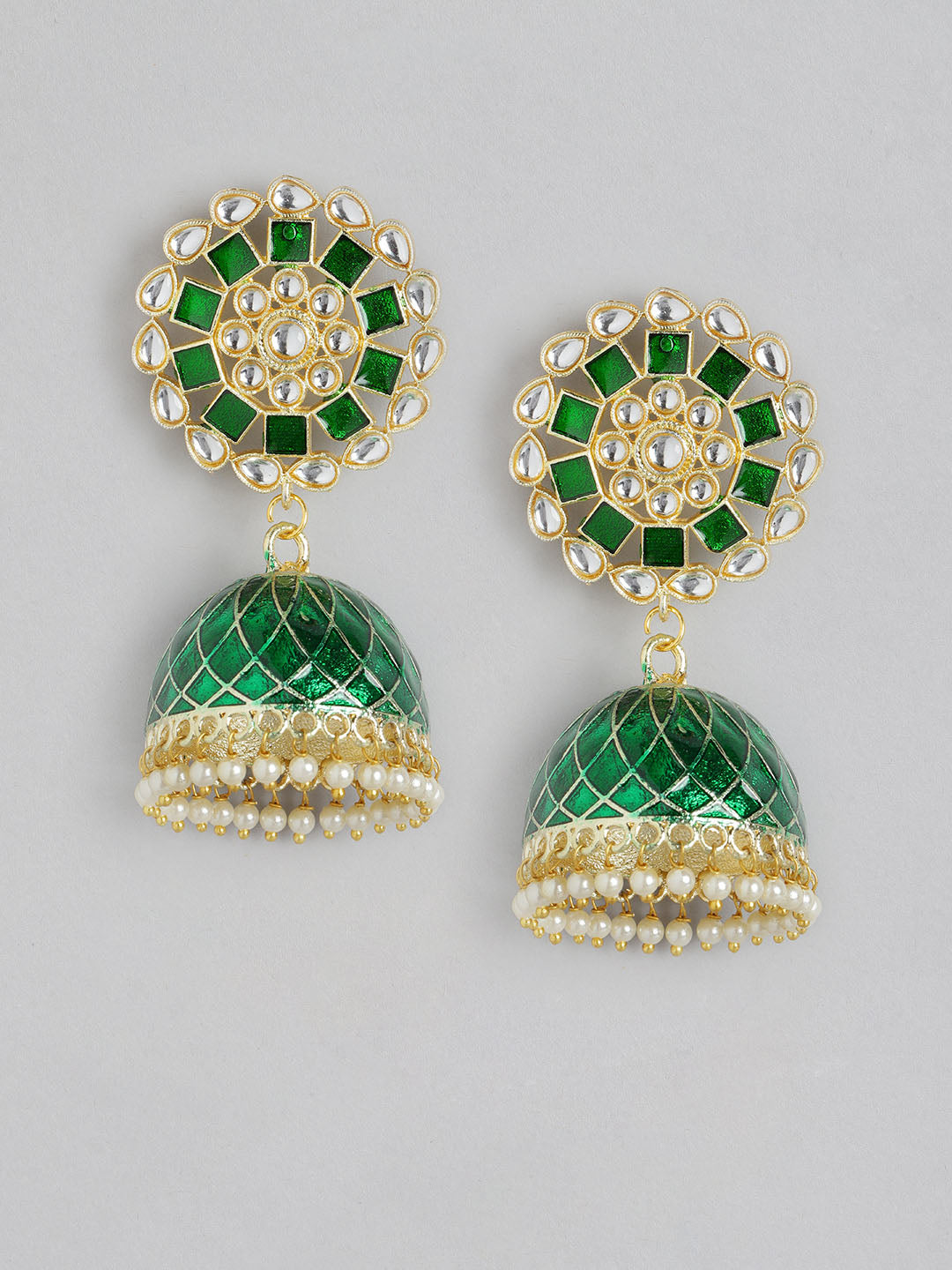 Green Studded & Beaded Handcrafted Jhumkas