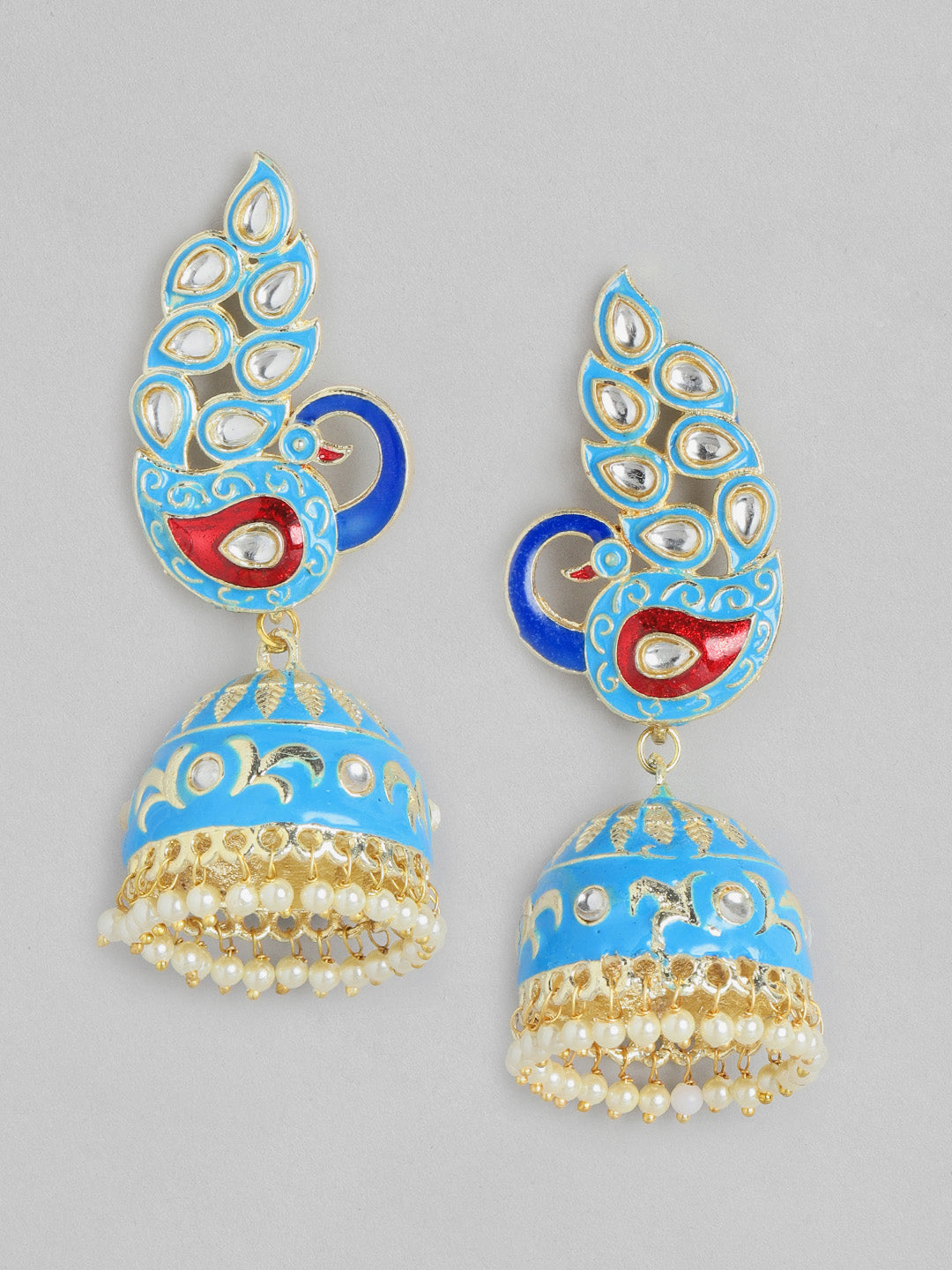 Sky Blue-Coloured Kundan Studded Handcrafted Jhumkas