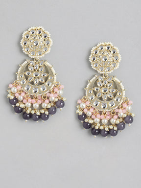 Grey & Pink Kundan Crescent Shaped Chandbalis Earrings