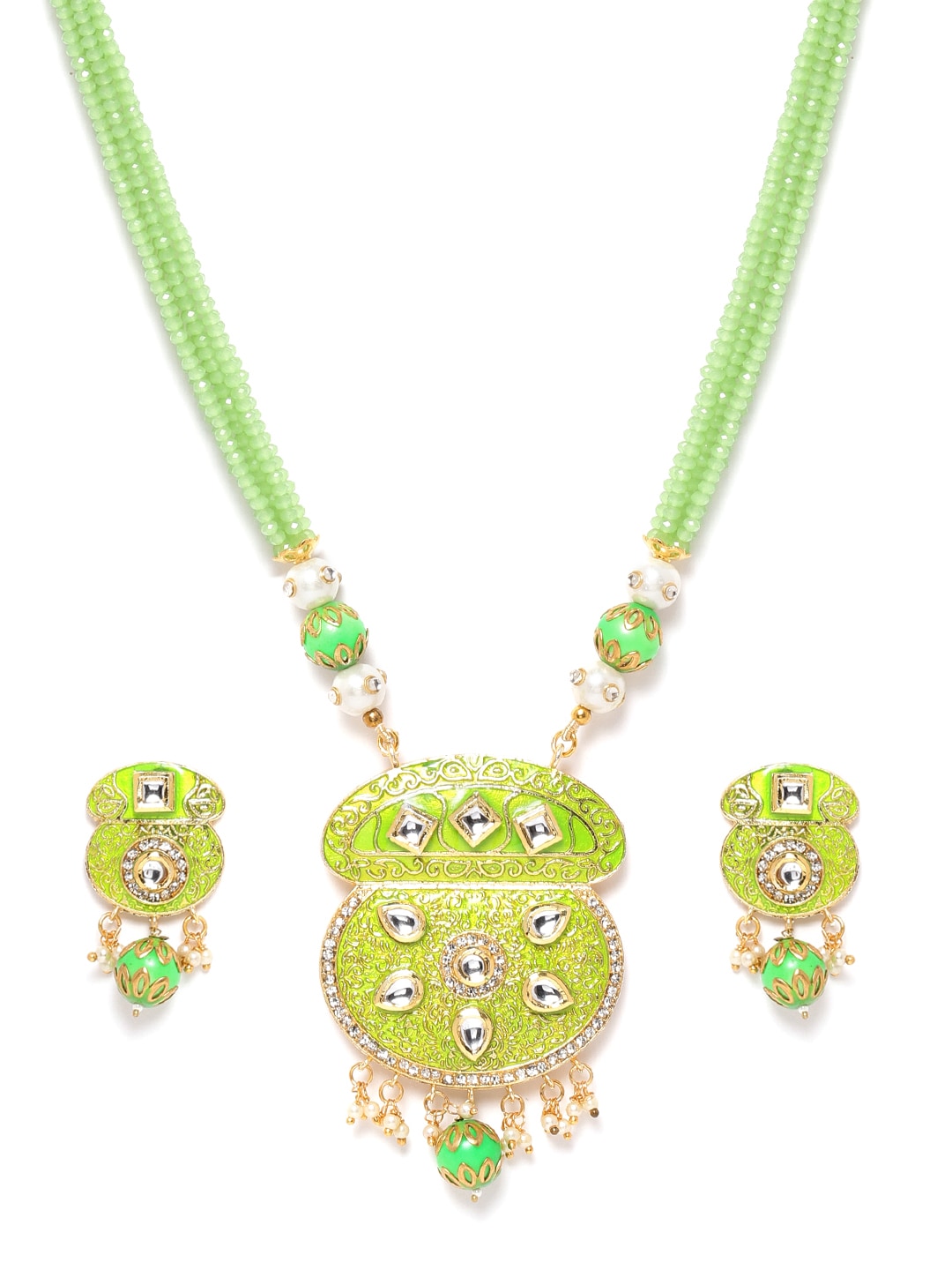 Fluorescent Green & White Gold-Plated Kundan-Studded & Beaded Jewellery Set