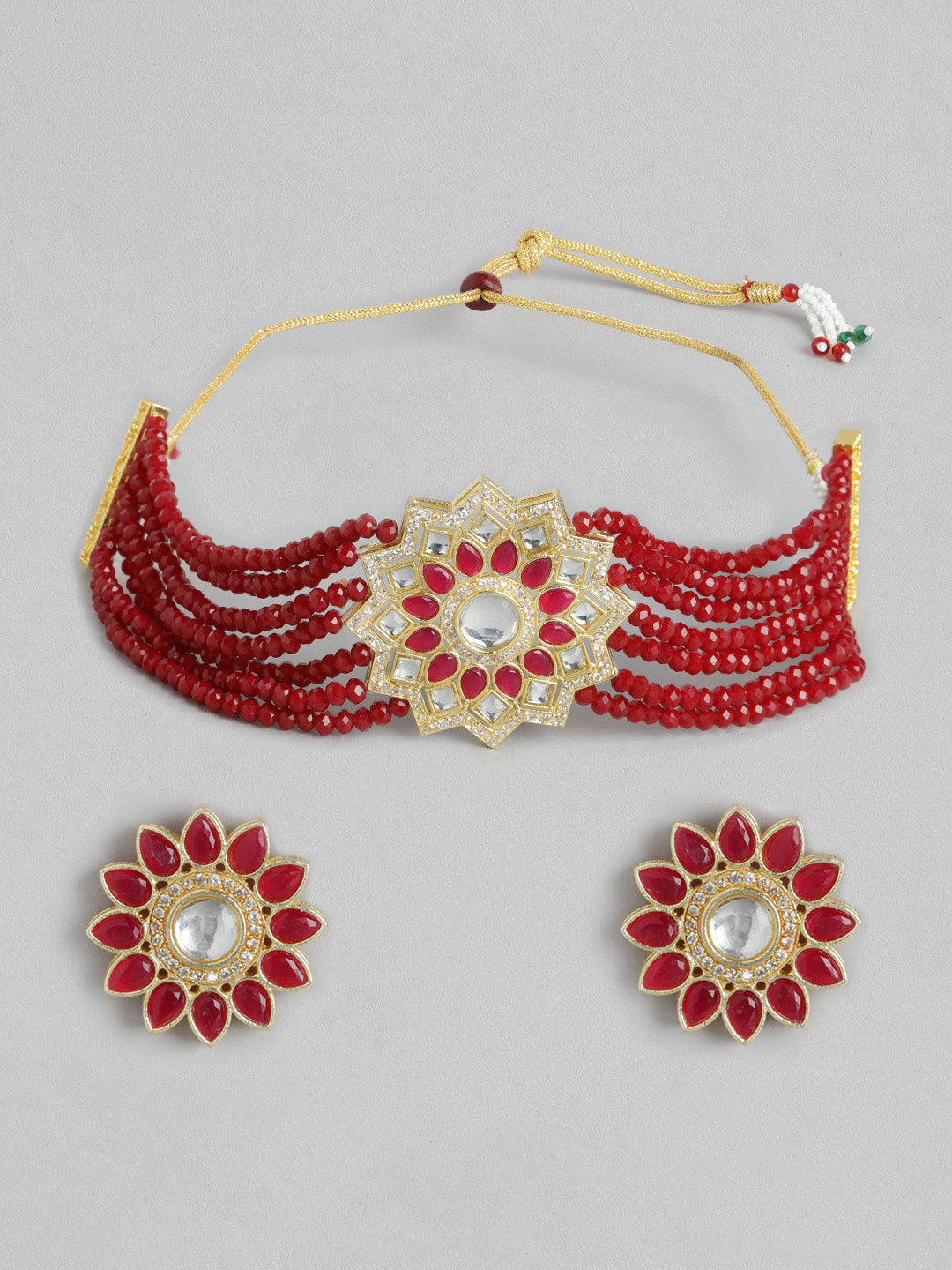 Maroon Gold-Plated Kundan Studded & Beaded Jewellery Set