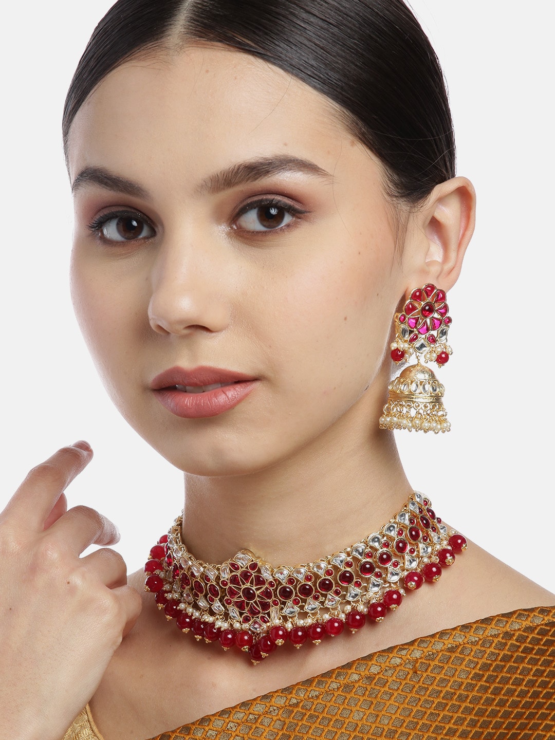 Maroon Gold-Plated Kundan Studded & Beaded Jewellery Set