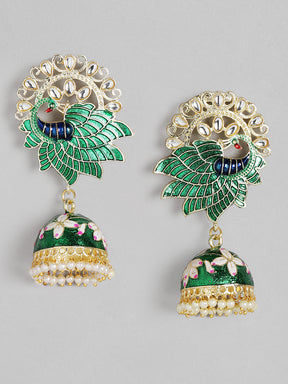 Green Kundan & Beaded Handcrafted Jhumkas