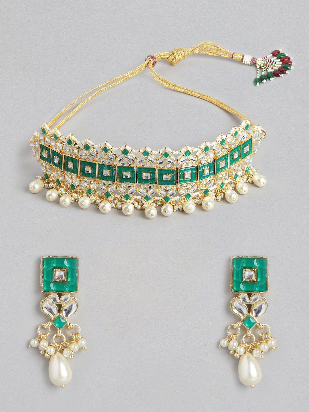 Green Handcrafted Kundan & Beaded Choker Set