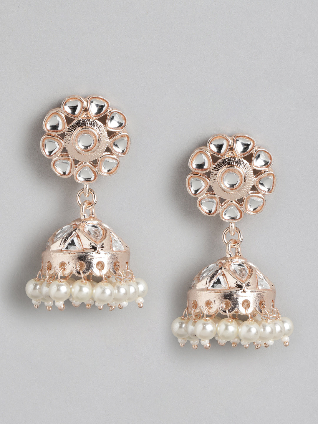 Rose Gold-Plated Kundan Dome Shaped Jhumkas Earrings