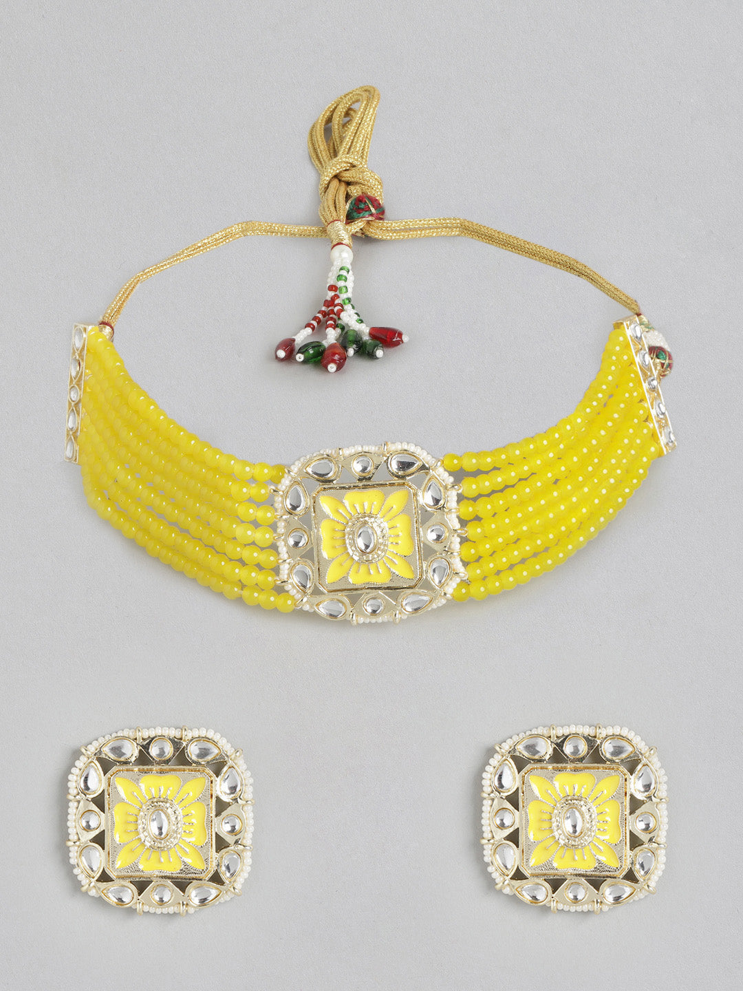 Yellow Handcrafted Brass Layered Choker Set