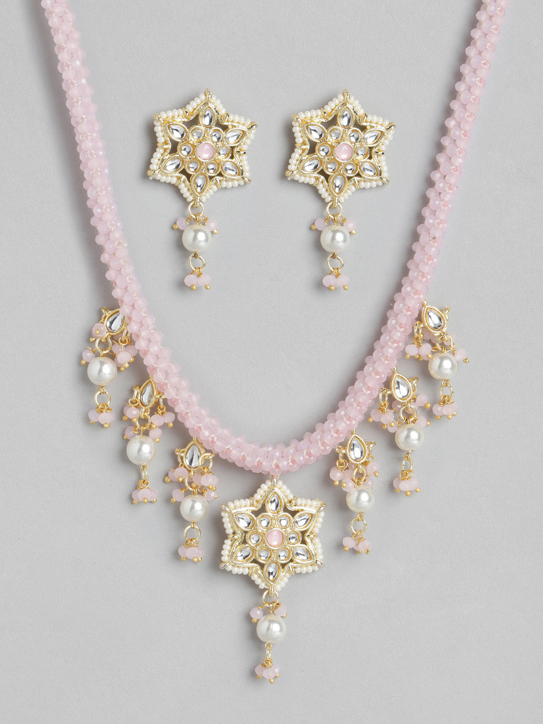 Pink Gold-Plated Kundan Studded & Beaded Jewellery Set