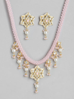 Pink Gold-Plated Kundan Studded & Beaded Jewellery Set