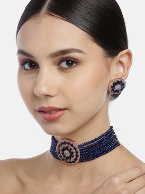 Navy Blue Rose CZ & Beaded Choker Set