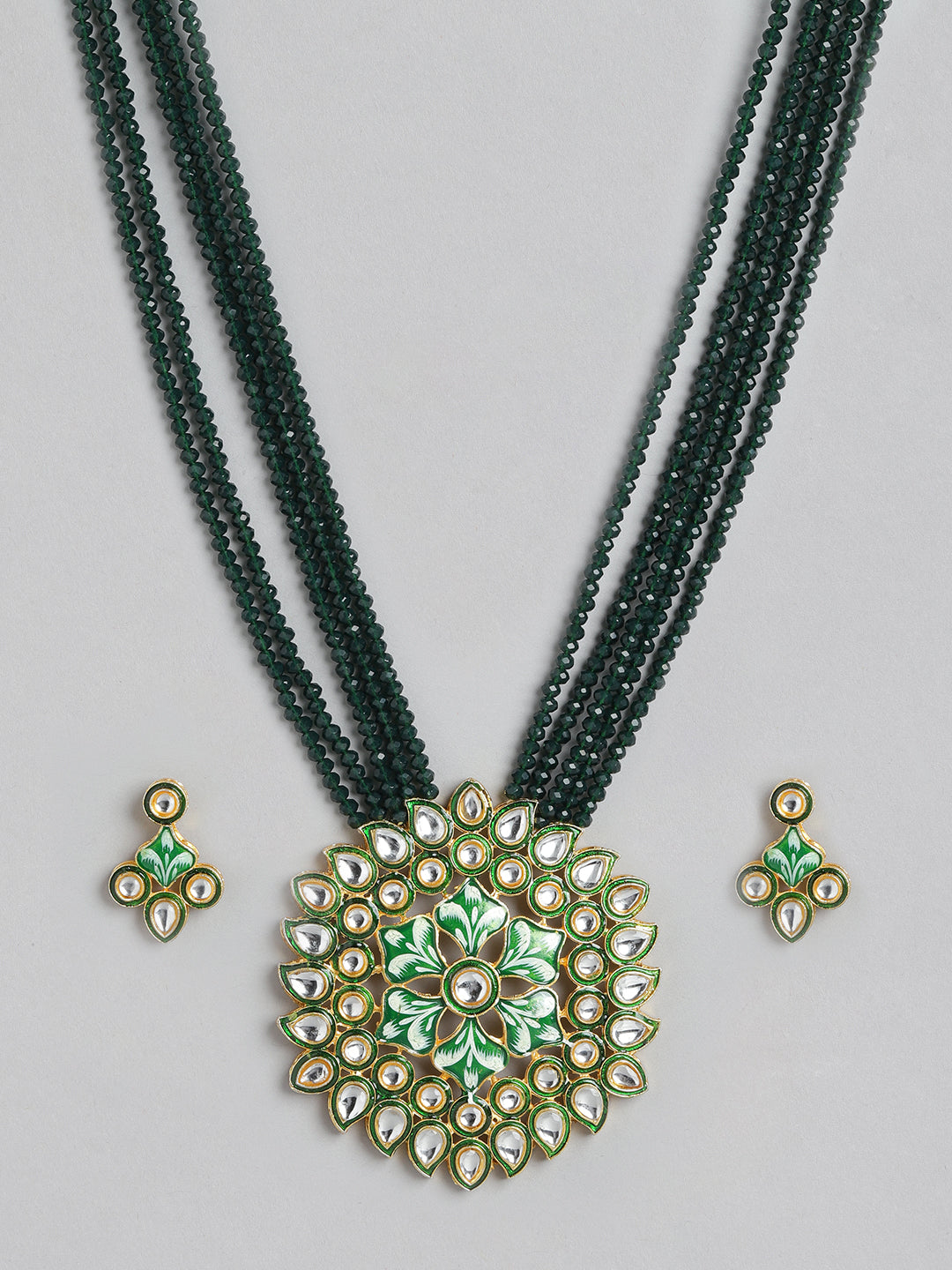 Green Gold-Plated Kundan-Studded Multi-Stranded Jewellery Set