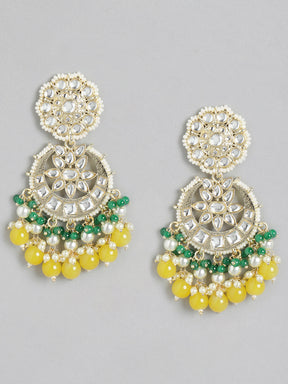 Yellow & Green Kundan Crescent Shaped Chandbalis