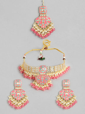 Peach Ethnic Handcrafted Brass Kundan Jewellery Set