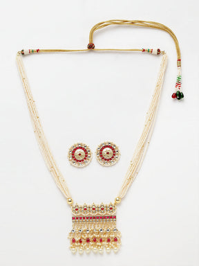 Gold-Plated White & Maroon Kundan-Studded Multi-Stranded Handcrafted Jewellery Set