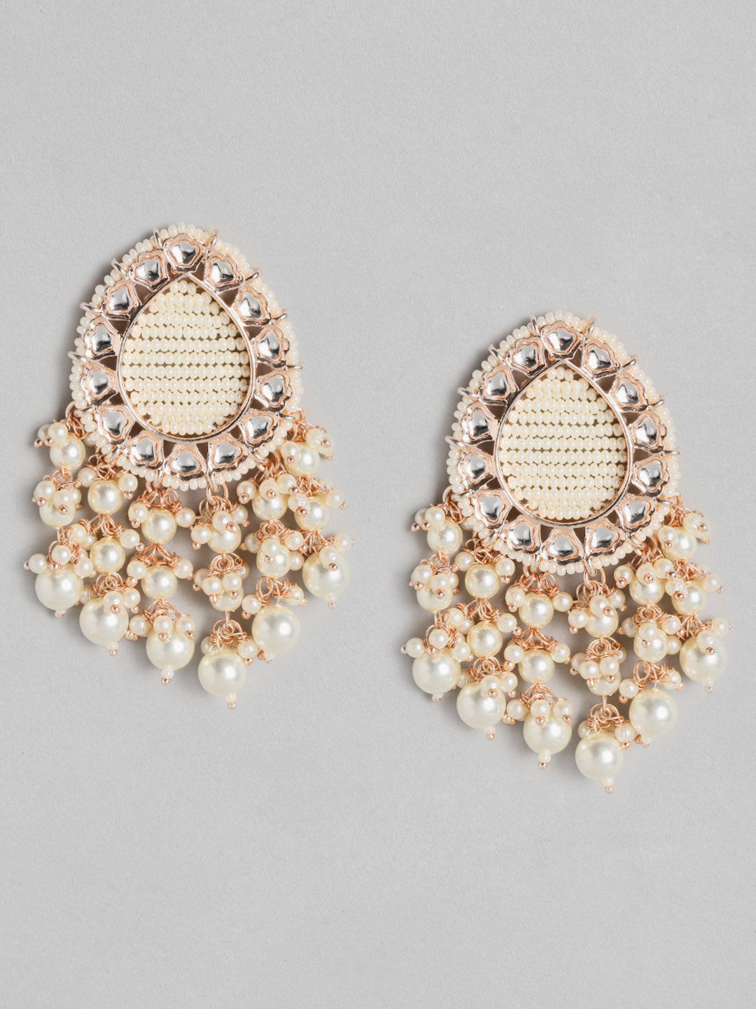 Off White Kundan Studded & Beaded Drop Earrings