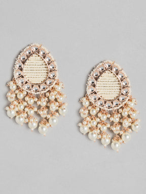 Off White Kundan Studded & Beaded Drop Earrings