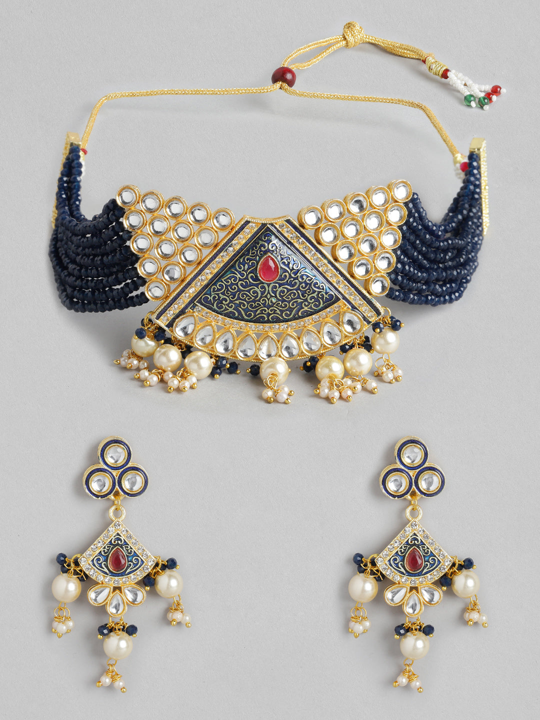 Navy BlueKundan & Beaded Enamelled Jewellery Set