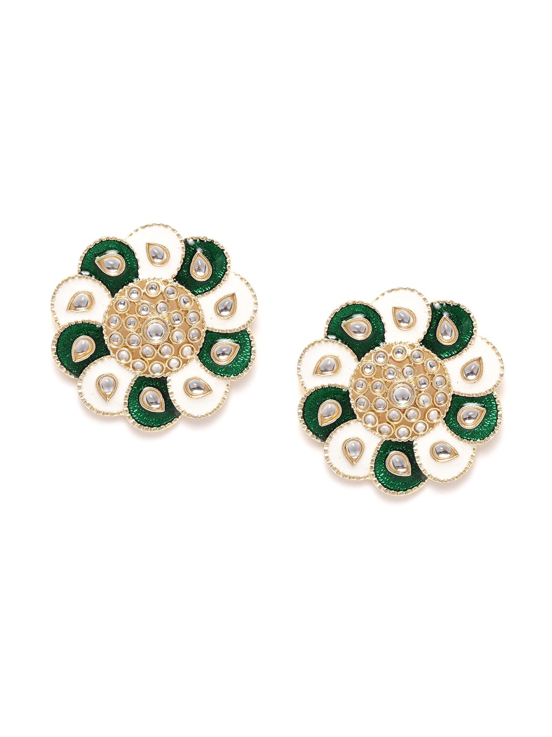 Green & White HandPainted Kundan Circular Studs