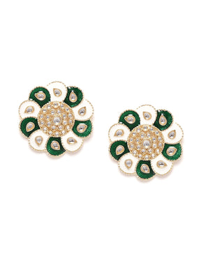 Green & White HandPainted Kundan Circular Studs