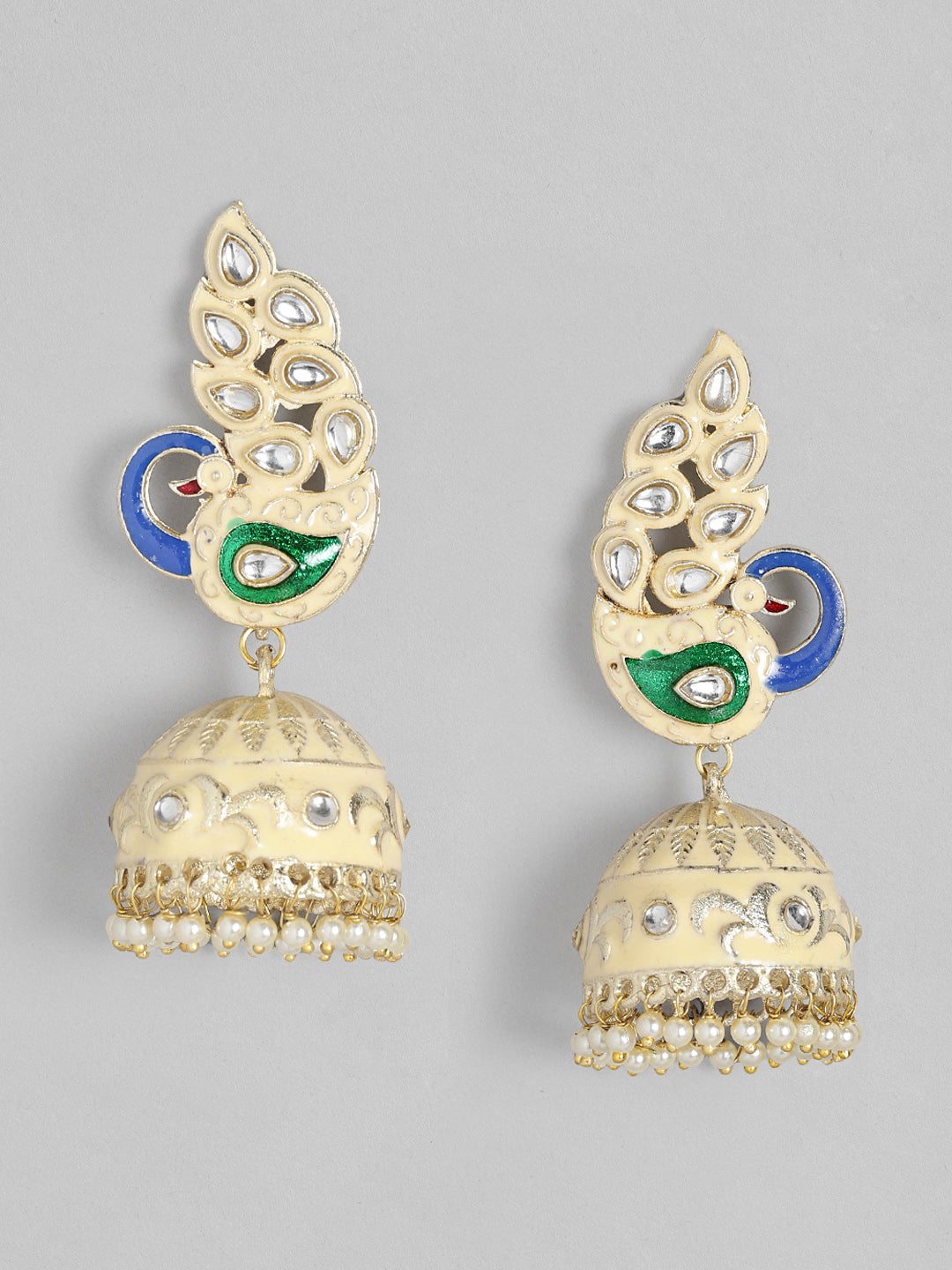 Cream-Coloured Kundan & Beaded Handcrafted Jhumkas