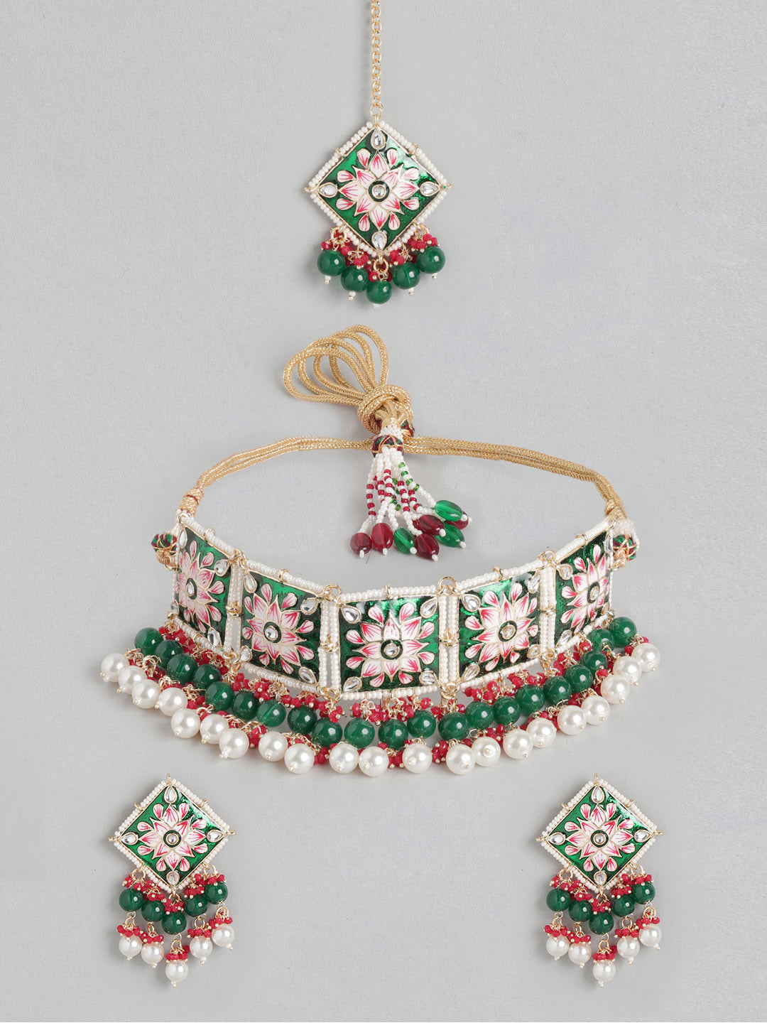 Gold-Plated White & Green Kundan-Studded Handcrafted Jewellery Set