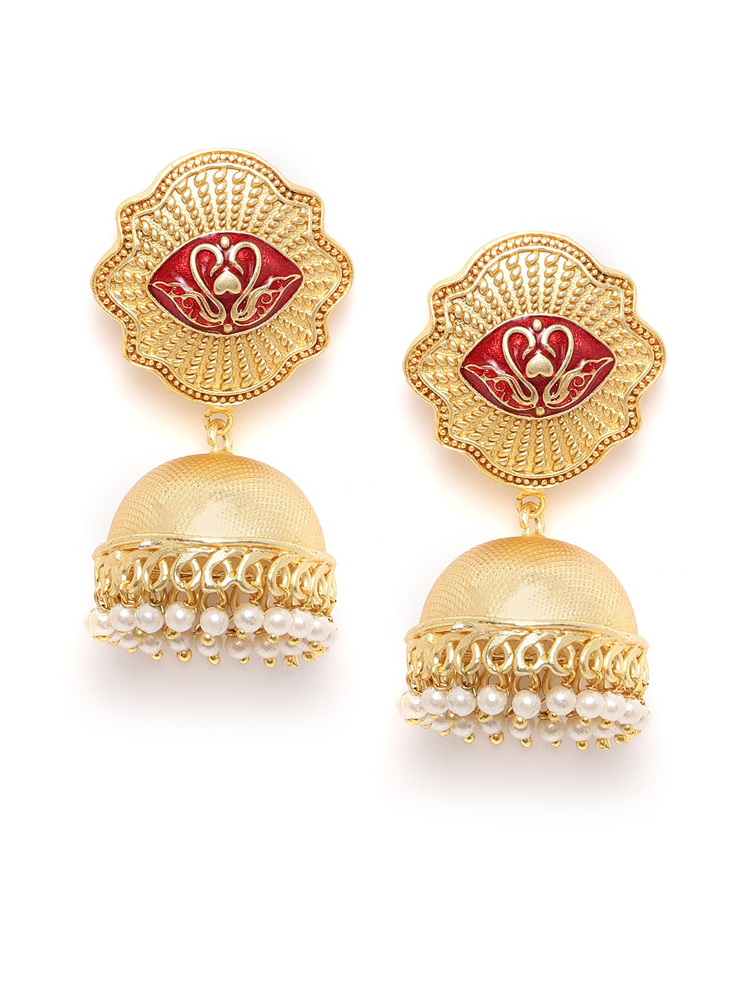 Red Enamelled Textured Handcrafted Dome Shaped Jhumkas