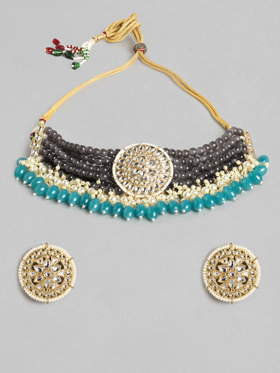 Grey & Blue Kundan & Beaded Choker Set