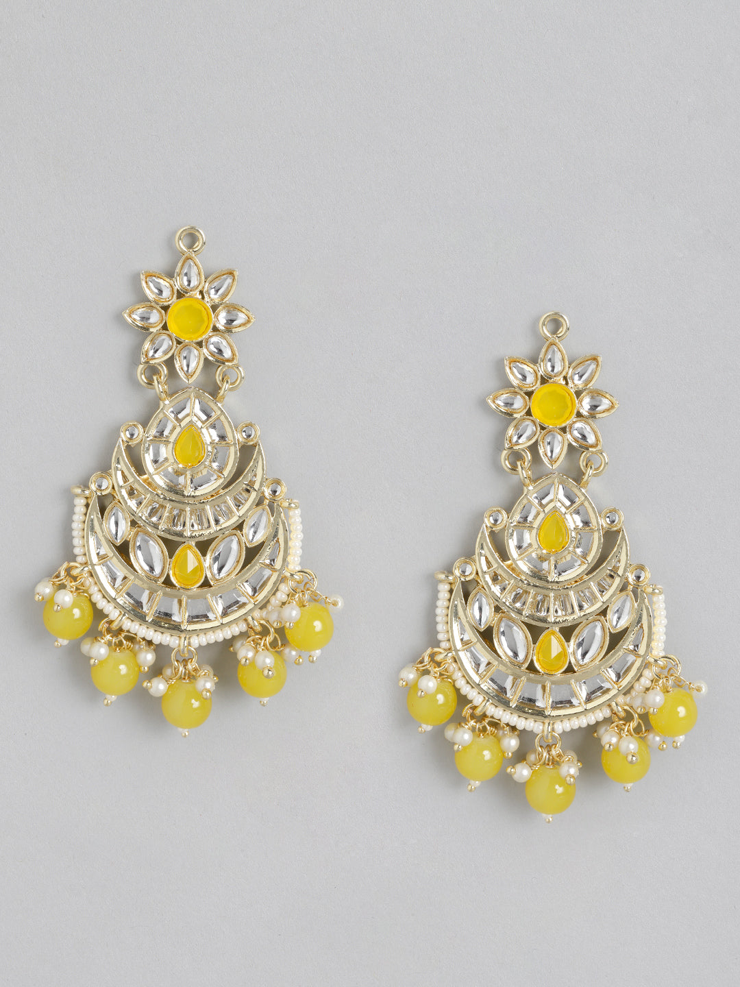 Yellow Kundan Crescent Shaped Chandbalis