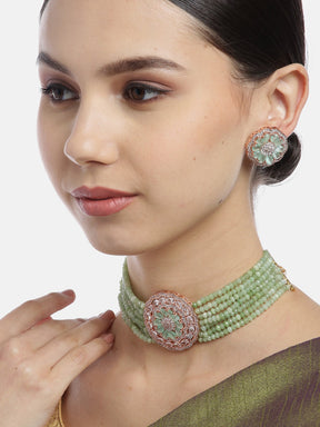 Mint Green Rose CZ-Studded & Beaded Jewellery Set