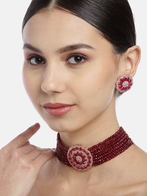 Maroon Rose CZ Studded & Beaded Choker Set