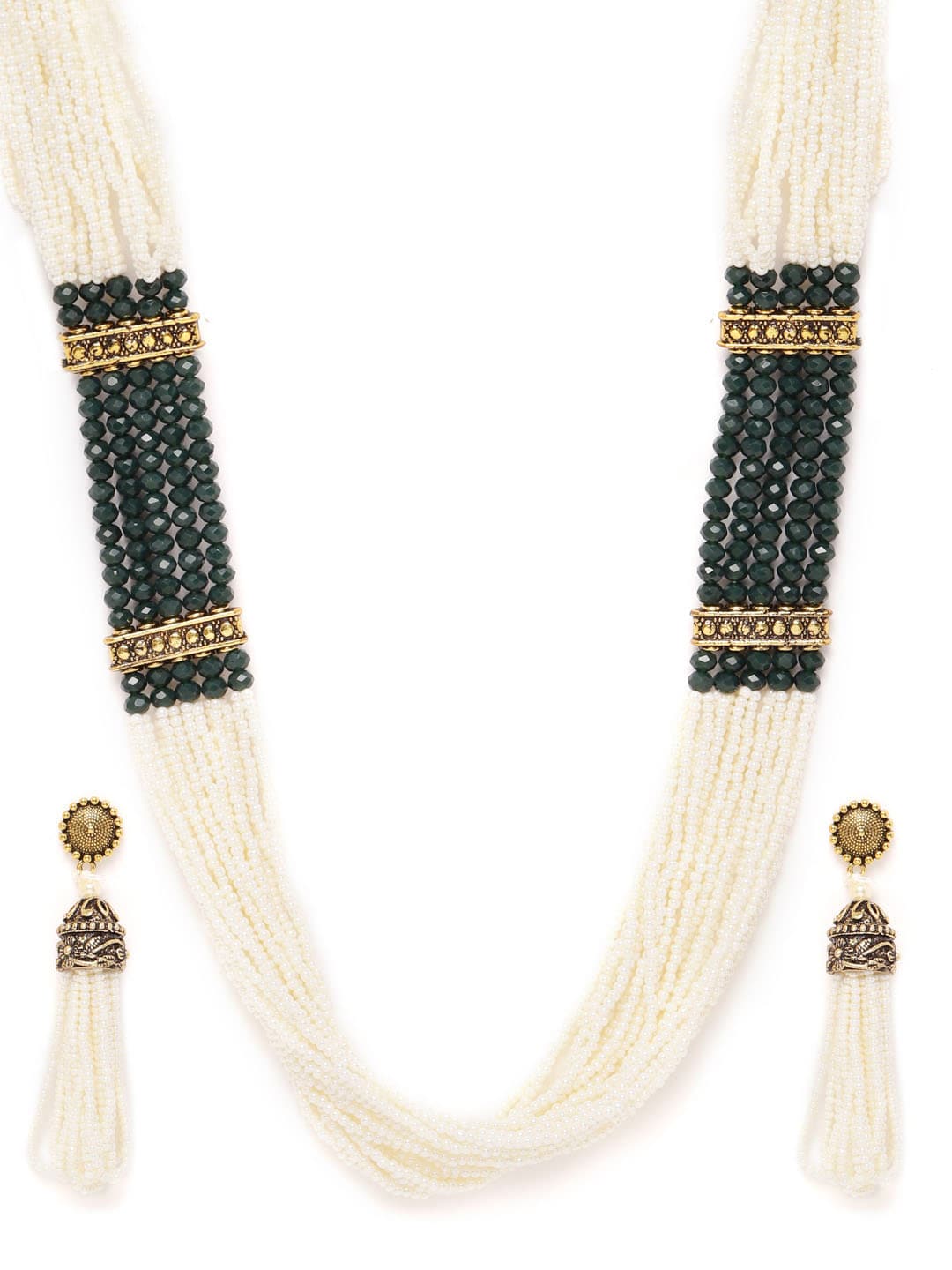 Green & Off-White Antique Gold-Plated Beaded Handcrafted Jewellery Set