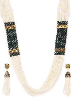 Green & Off-White Antique Gold-Plated Beaded Handcrafted Jewellery Set