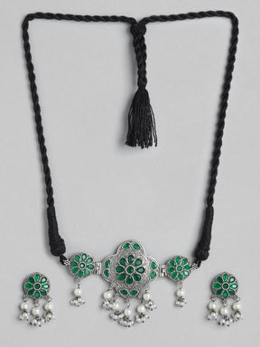 Green Oxidised Silver-Plated Kundan Choker Set