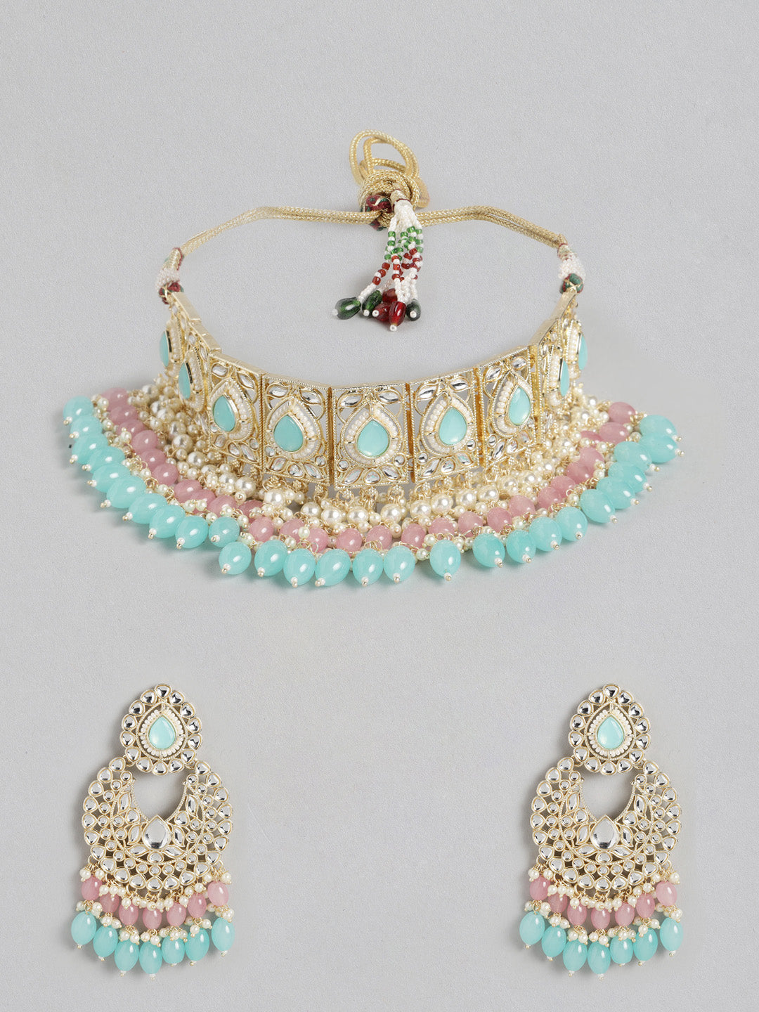 Turquoise Blue & Gold-Plated Kundan Jewellery Set