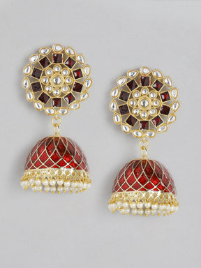 Red Gold-Plated  Kundan Jhumkas