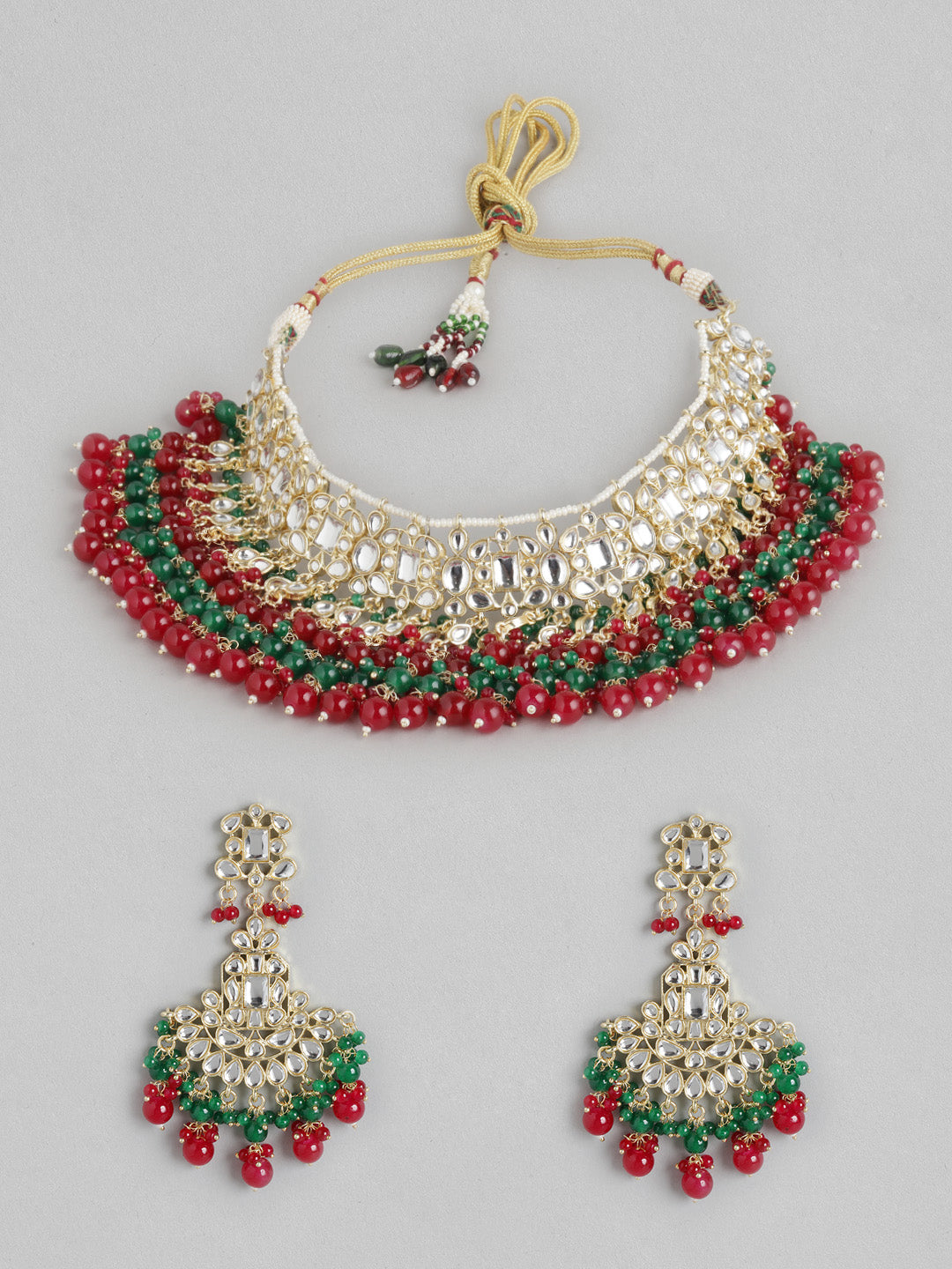 Red & Green Brass Kundan Studded Necklace